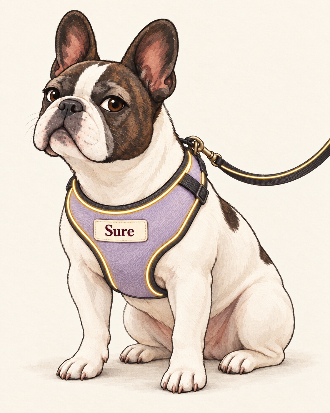 Casey, a white and brindle French bulldog, wearing an illustrated lavender Mood Bra harness with a Sure label.